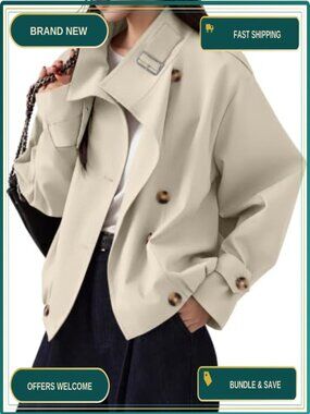 Womens Cropped Trench Coat Button Front Jacket with Pockets Lightweight